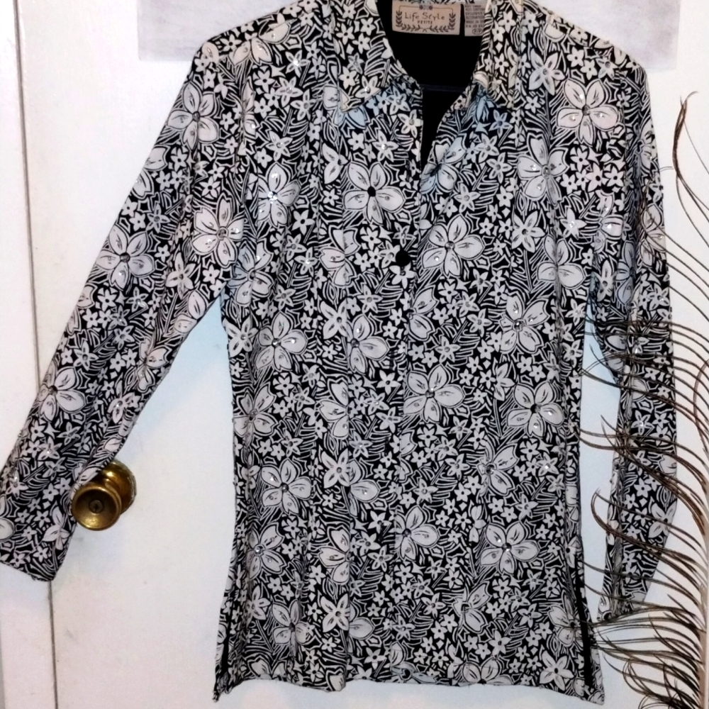 ⭐ Linen/cotton Flower Print with Sequence Long Sleeve Top Blouse Summer P petite